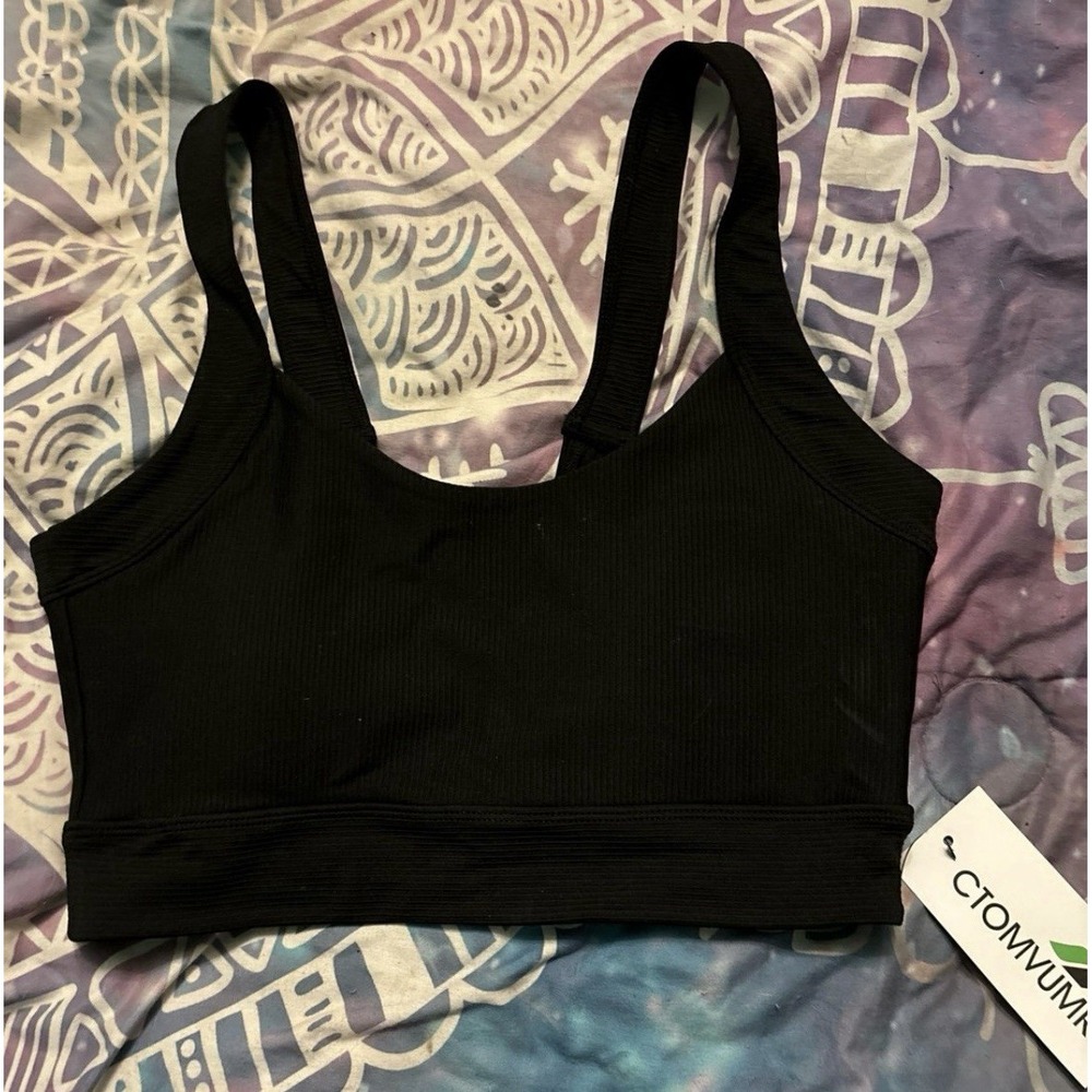 NEW Ctomvumr Black Ribbed Medium Impact Longline Sports Bra, Medium